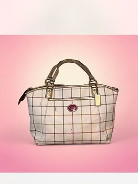 Coach Cream Plaid Satchel with Gold Accents